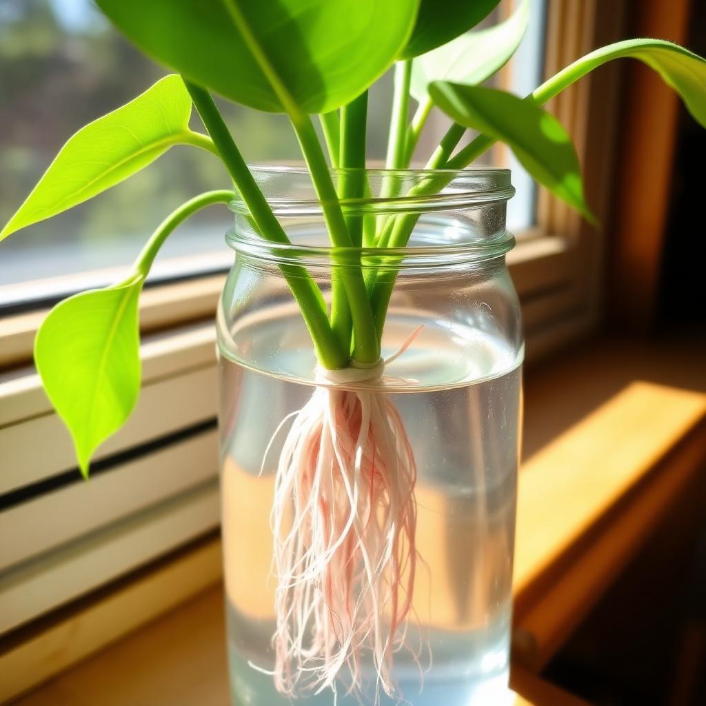 Pothos stem cutting rooting in a clear glass jar of water on a sunny windowsill