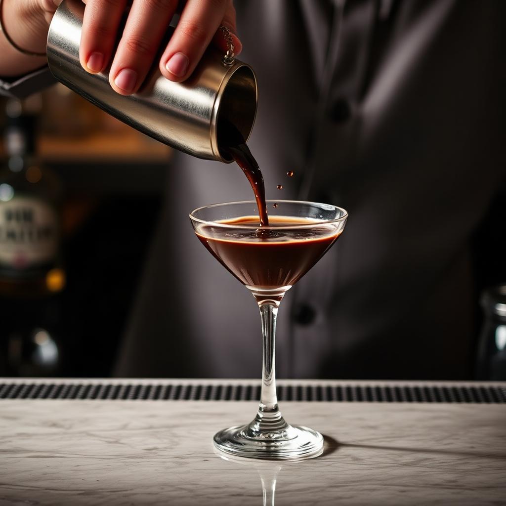 A cocktail being poured from a shaker into a coupe glass with a splash of dark liquid mid pour