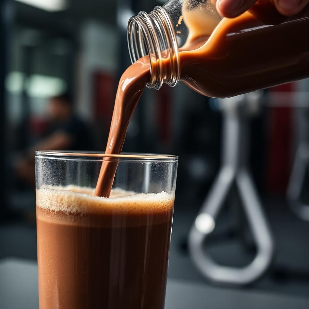 Chocolate protein shake being poured into a clear glass with foam on top in a gym setting
