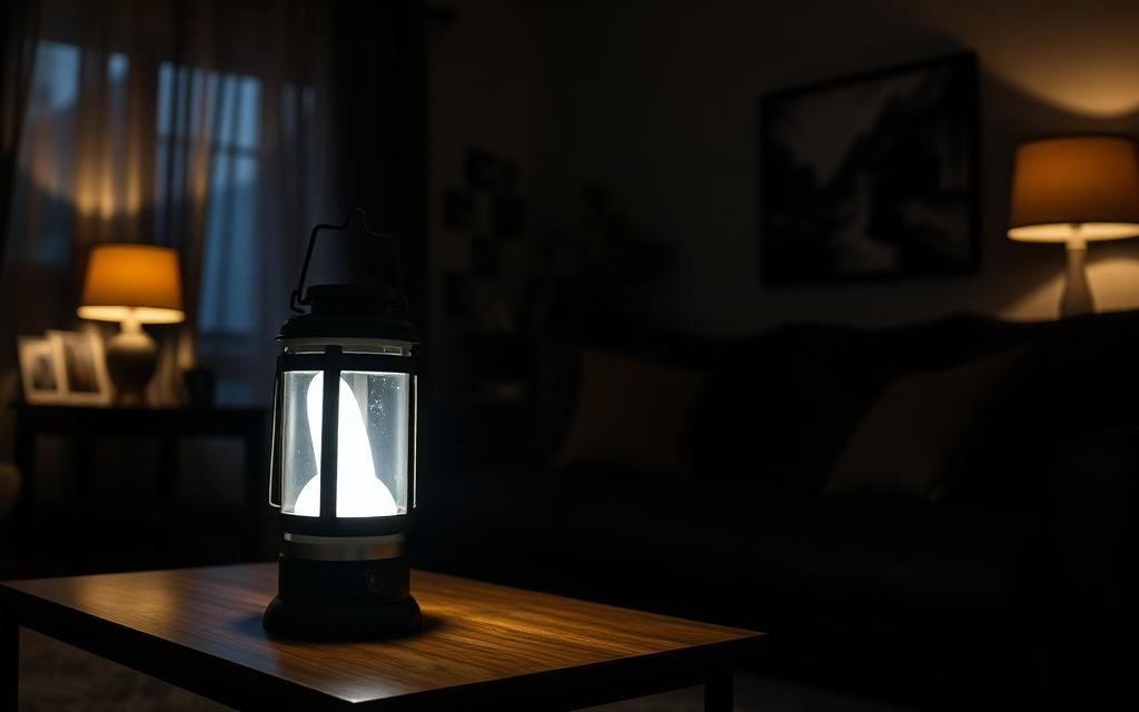 Battery powered LED lantern lighting a dark living room during a power outage