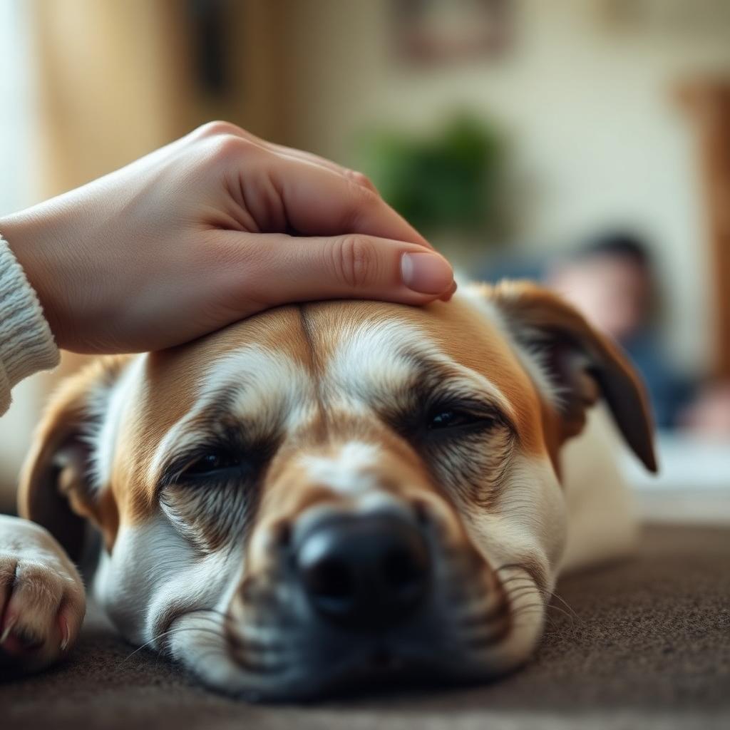 A person gently resting their hand on a calm older dog's head, a quiet moment of prayer and comfort