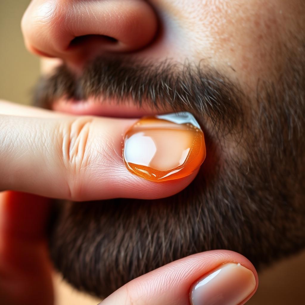 Close-up of a bearded man massaging pre-shave oil into thick dark facial stubble with fingertips
