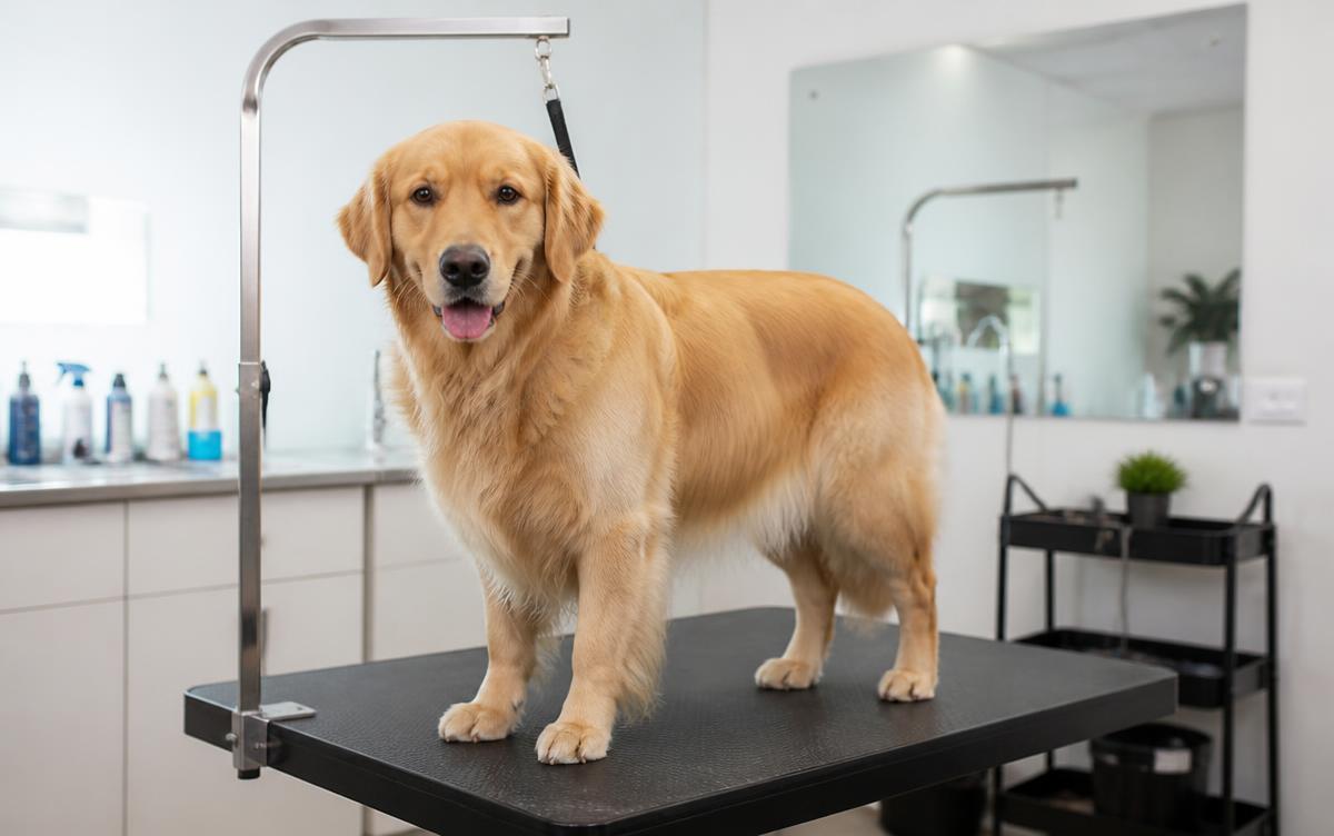 A calm golden retriever standing on a heavy-duty rubber-topped professional grooming table in a bright salon