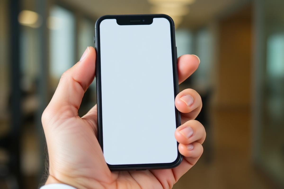 Professional checking a work email inbox on a smartphone in an office hallway
