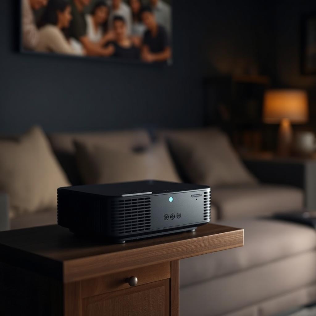 Compact portable smart movie projector sitting on a dark wood shelf in a dim living room with a blurred sofa and warm lamp in the background