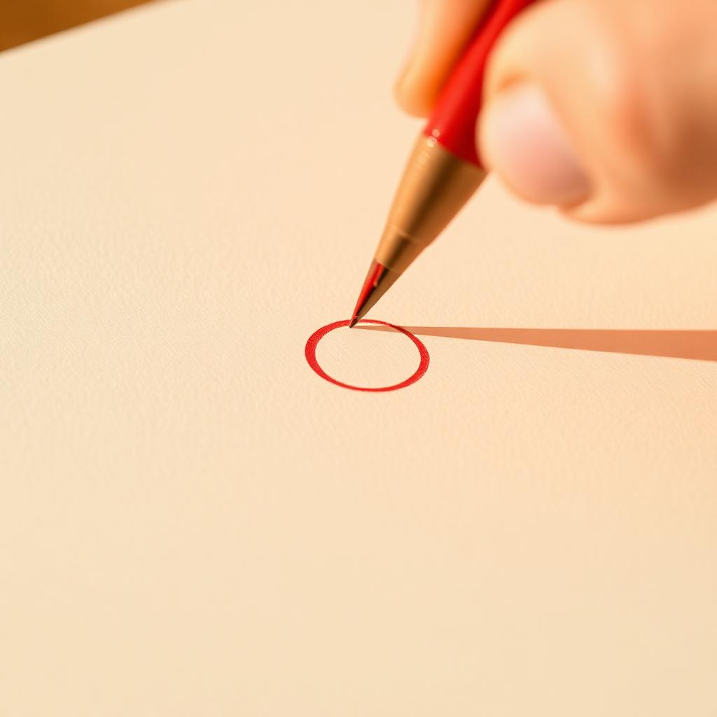 Macro close up of a hand using a red pen to draw a circle on blank cream paper, illustrating proofreading punctuation choices around quotes