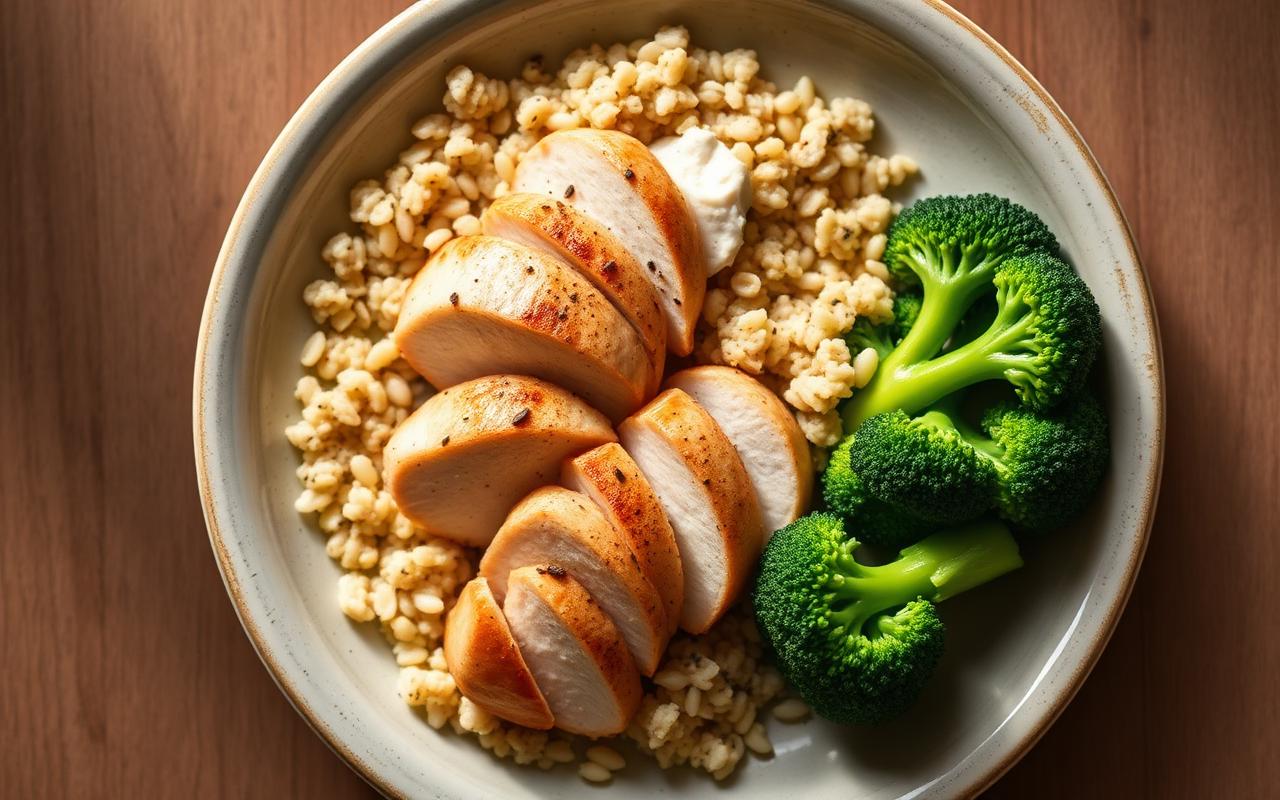 Single balanced meal of sliced chicken breast, quinoa and broccoli showing a 30 gram protein portion
