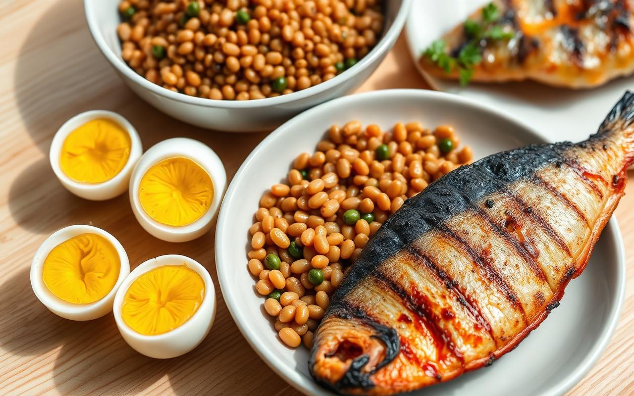 Boiled eggs, cooked lentils and grilled fish arranged on a wooden table as complete protein sources