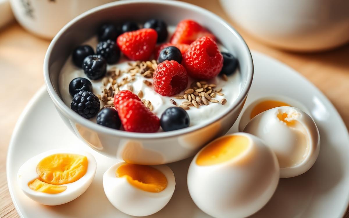 Greek yogurt breakfast bowl with berries and seeds beside boiled eggs for a high protein morning meal