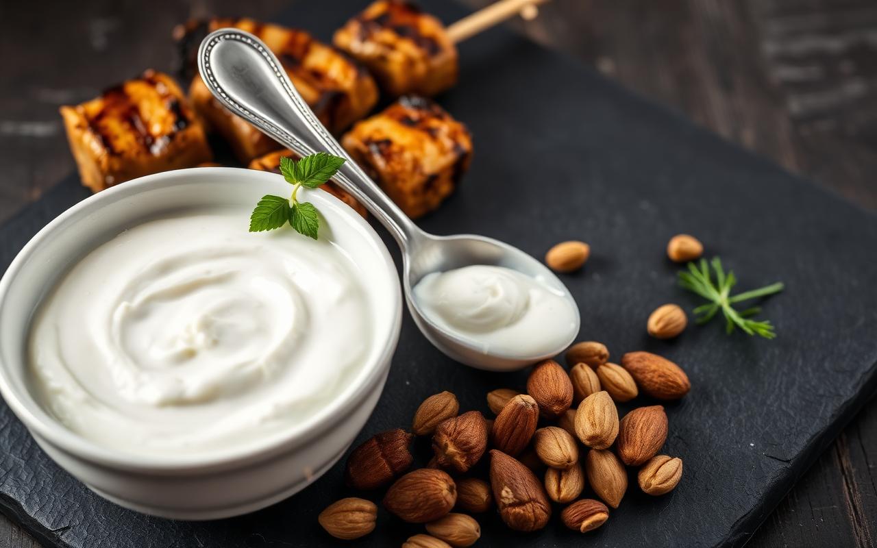 Bowl of Greek yogurt with grilled chicken skewers and nuts showing protein portions and calorie density