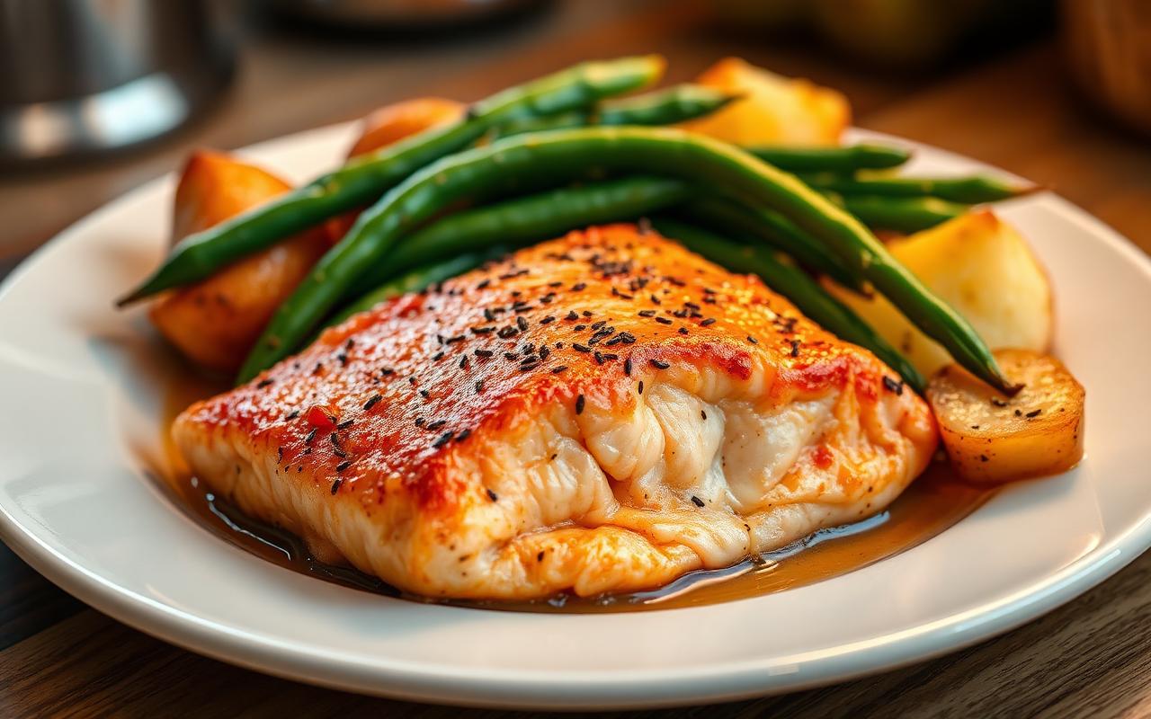 Baked salmon fillet with green beans and potatoes on a dinner plate as a high protein meal for men