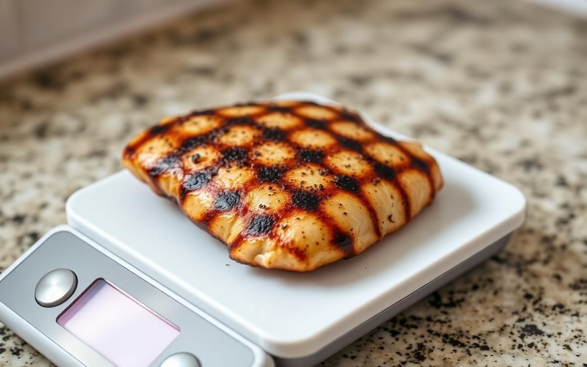 Grilled chicken breast portion being weighed on a digital kitchen scale for protein tracking