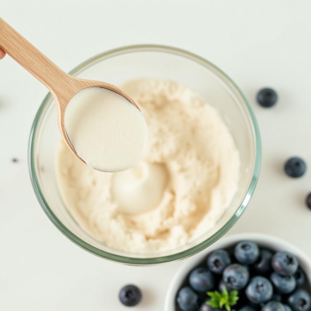 A wooden scoop of vanilla protein powder being added to a bowl of flour with blueberries on the side