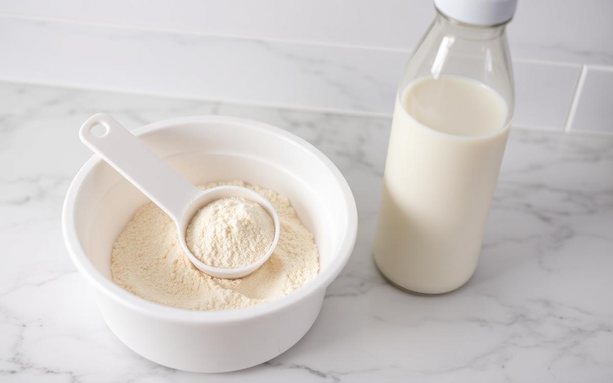 Scoop of protein powder resting on an open tub beside a shaker bottle of milk for muscle building