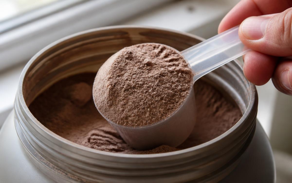 Plastic scoop of chocolate protein powder being lifted from an open tub, the serving that the protein label claim is based on