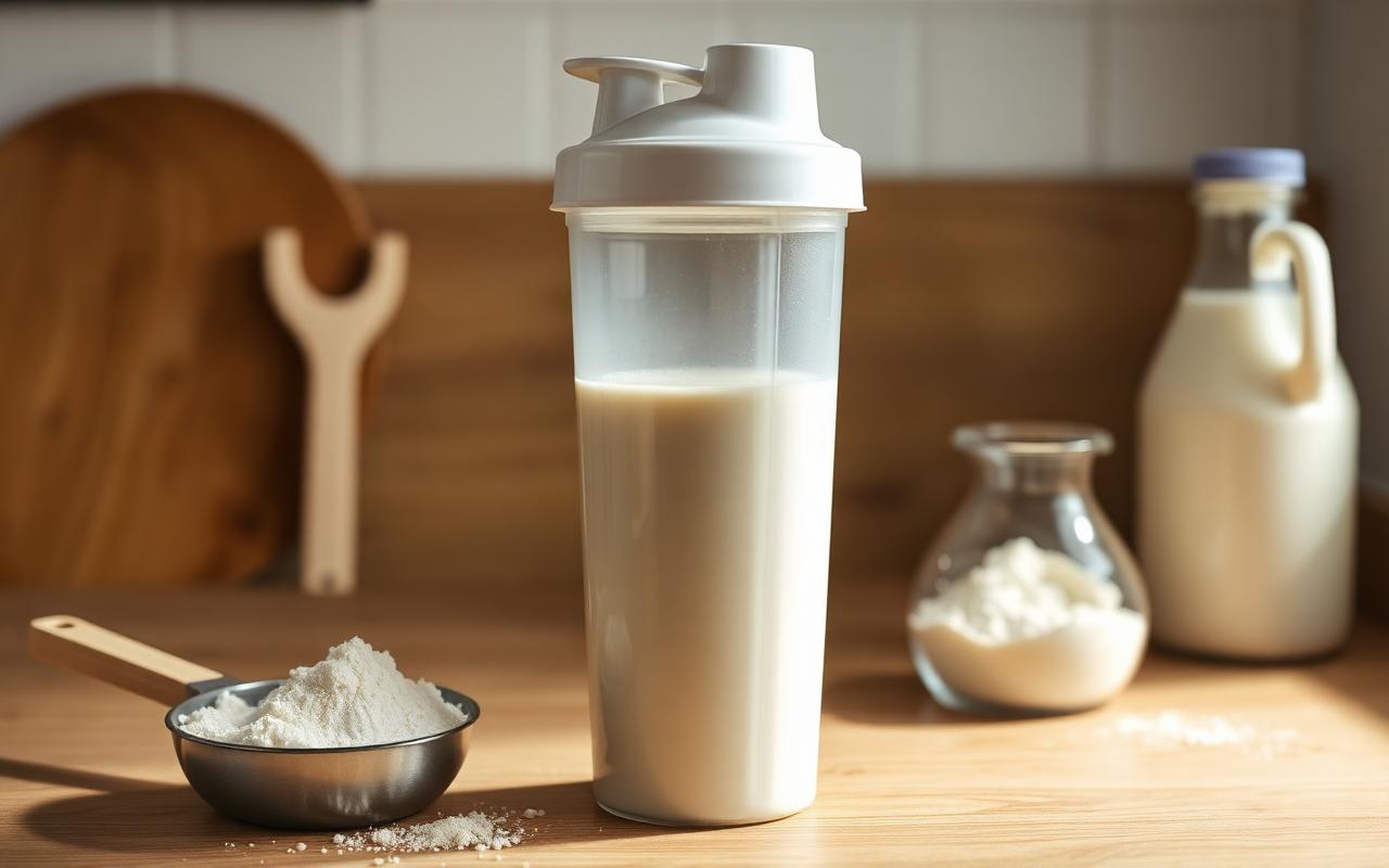 Plain shaker bottle of protein shake next to a scoop of protein powder and milk on a kitchen counter