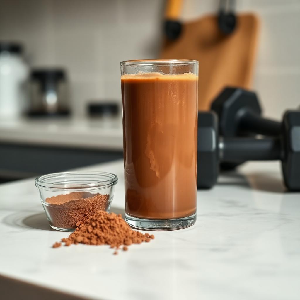 Chocolate protein shake in a tall glass on a marble counter beside a scoop of powder and a dumbbell