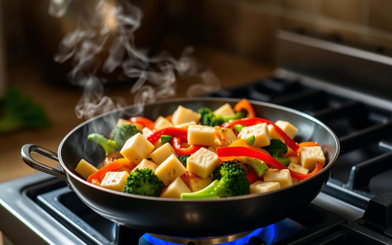 Tofu and vegetable stir fry cooking in a pan as a high protein plant based meal for women