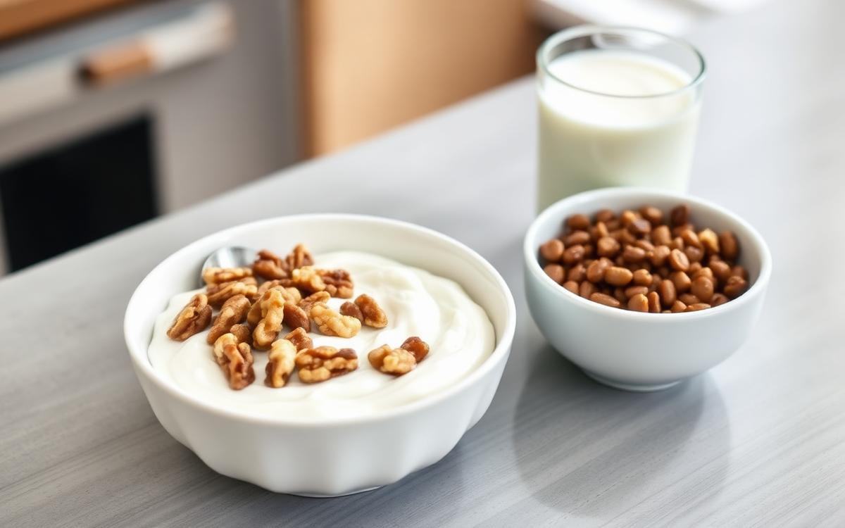 Bowl of Greek yogurt with walnuts beside lentils and milk as easy protein for older adults
