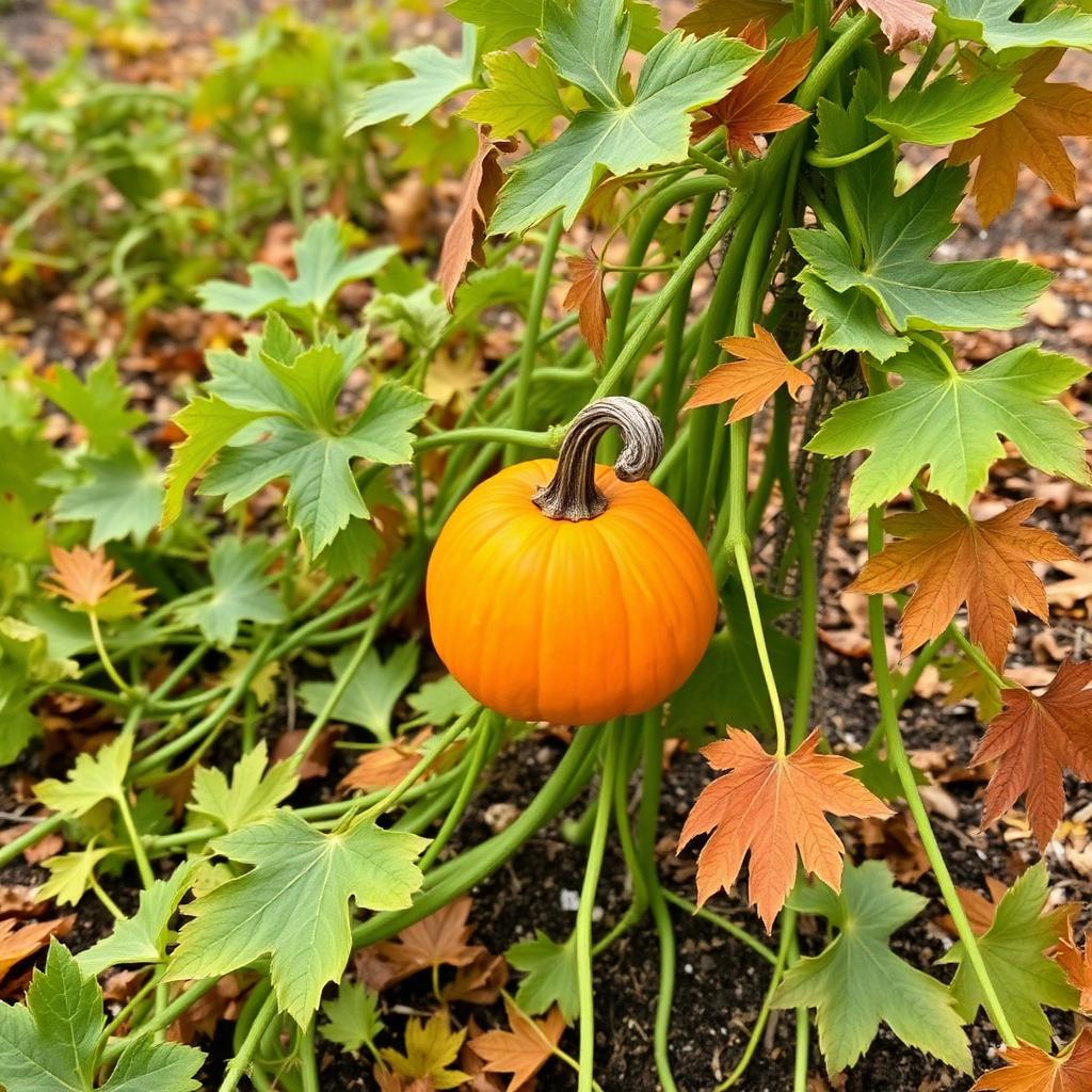 Small orange pumpkin on the vine among autumn leaves, representing the pumpkin ingredients in the Starbucks fall menu drinks