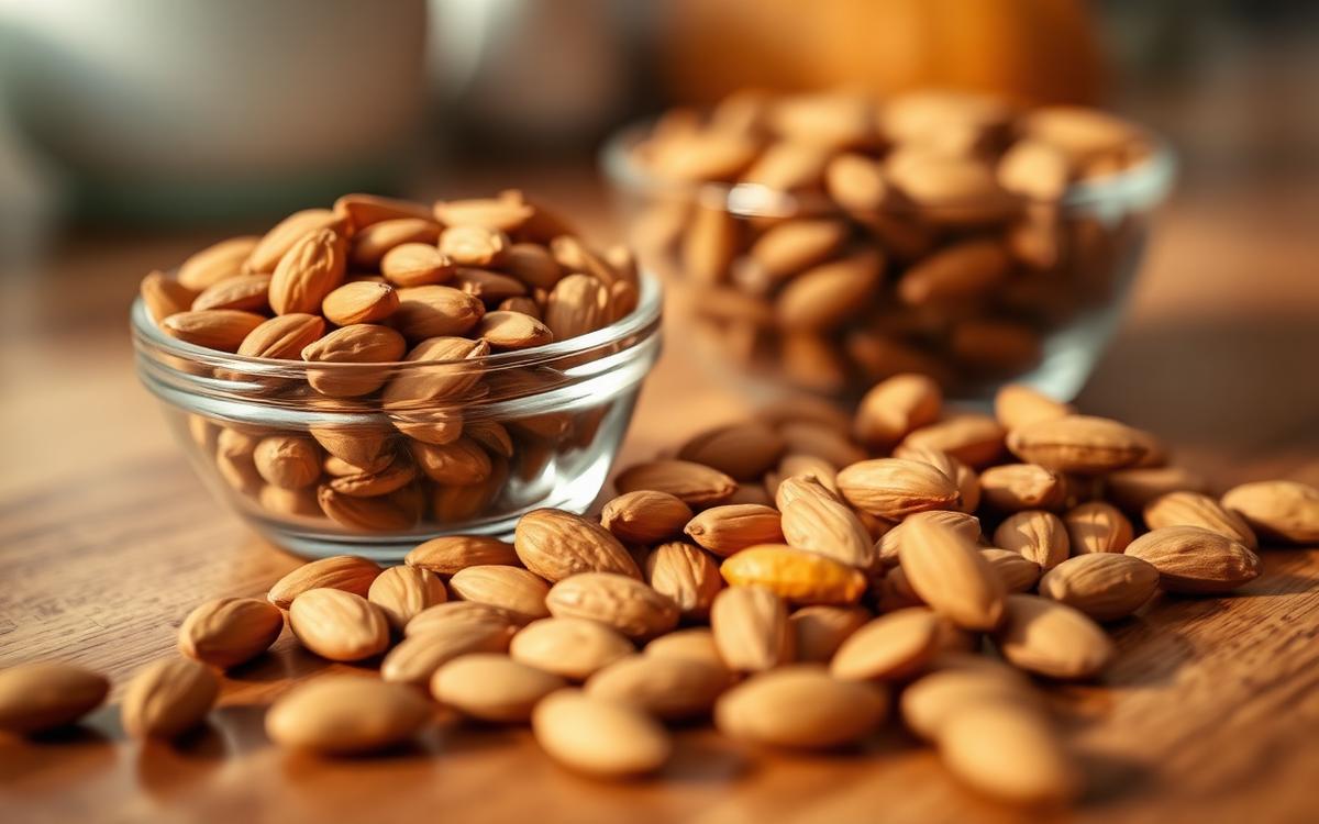 Glass bowl of pumpkin seeds and almonds spilling onto a wooden kitchen counter as magnesium rich snacks
