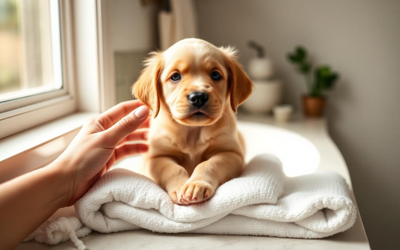 Small golden retriever puppy sitting on a folded white towel while an owner's hand rests a soft brush on its back