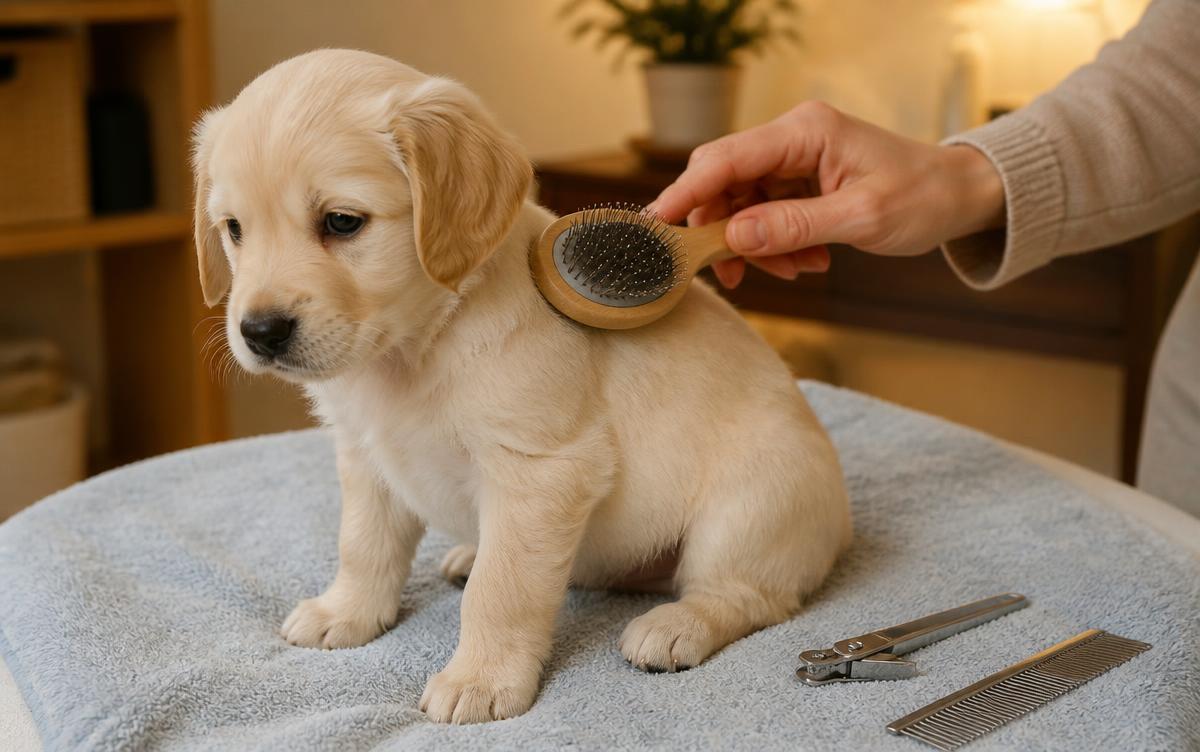 Human hand gently brushing a small cream colored puppy with a soft pin brush on a padded surface at home