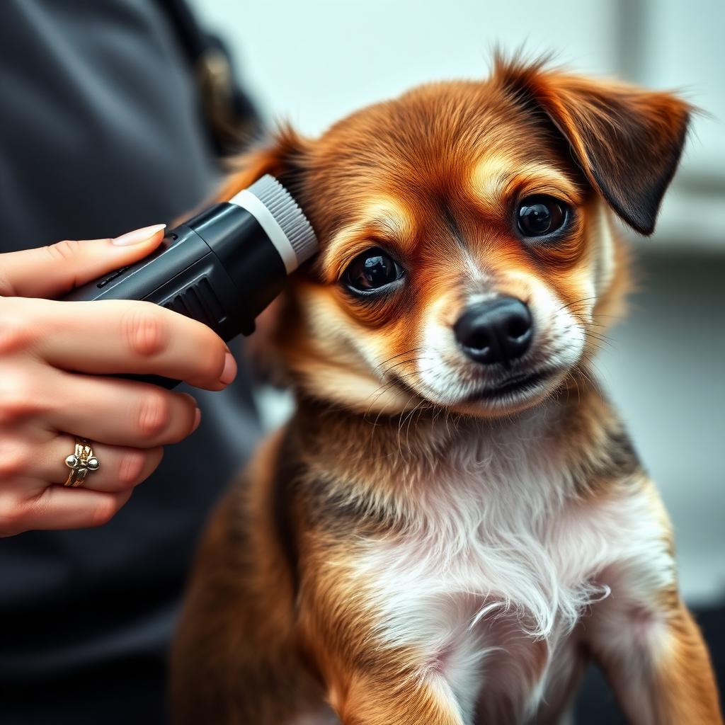 A calm small dog being trimmed by a groomer using a quiet cordless clipper, dog relaxed