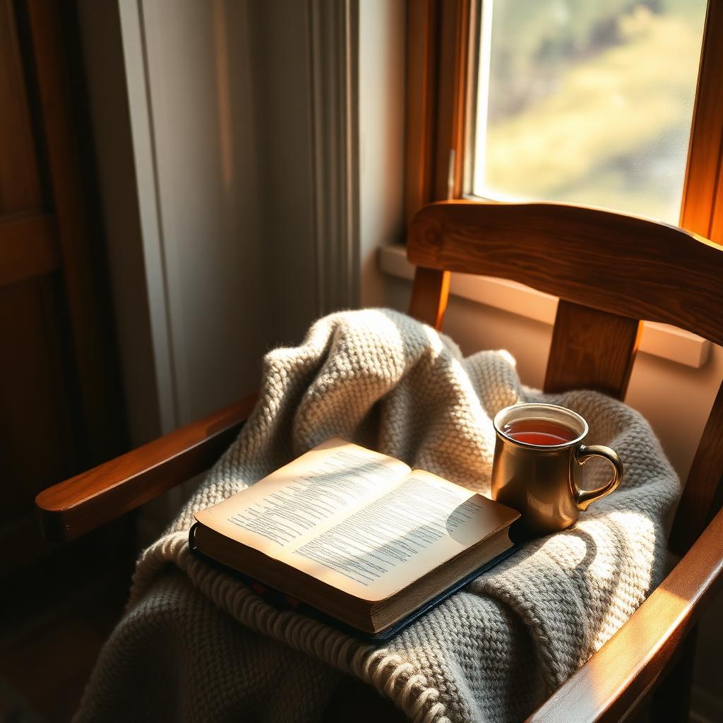 A quiet morning reading corner with an open bible, a warm mug of tea and a wool blanket on a wooden chair by a sunlit window