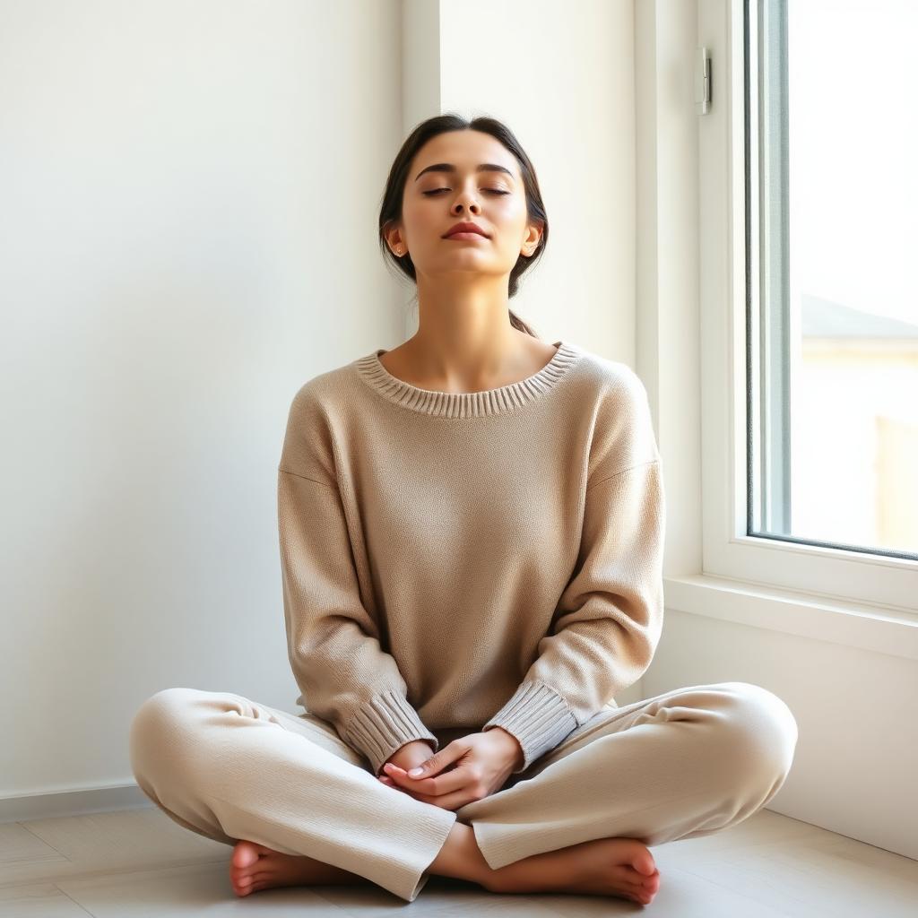 Calm woman in a soft sweater sitting cross legged by a sunlit window with eyes closed, a quiet moment of soul refreshment