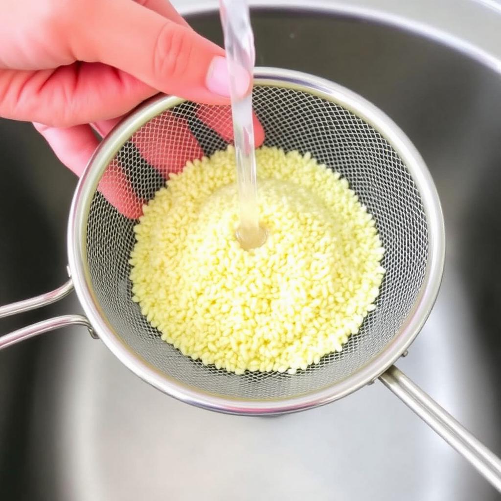 Hand rinsing raw quinoa seeds in a fine mesh strainer under running water