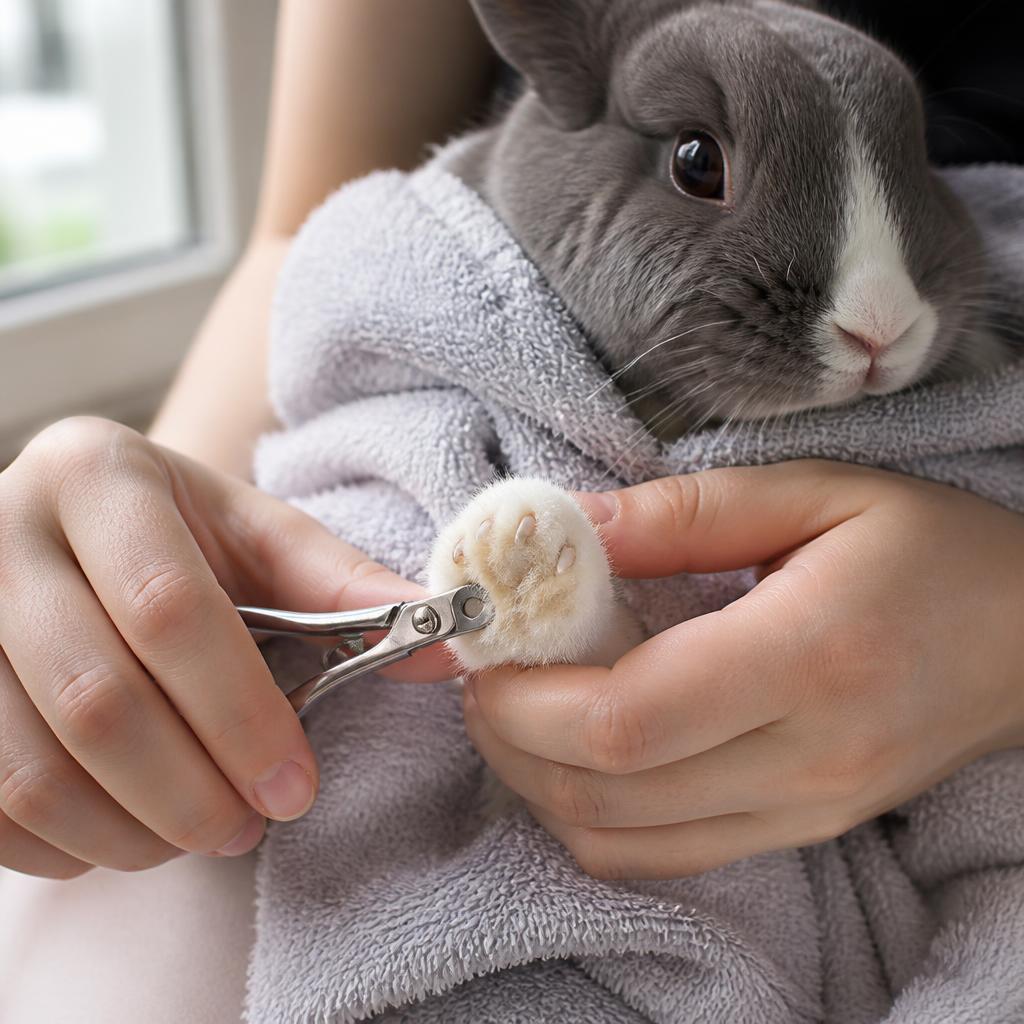 Human hands gently holding a calm grey and white rabbit wrapped in a soft towel with one front paw exposed while a small scissor style nail trimmer is positioned to snip a single claw