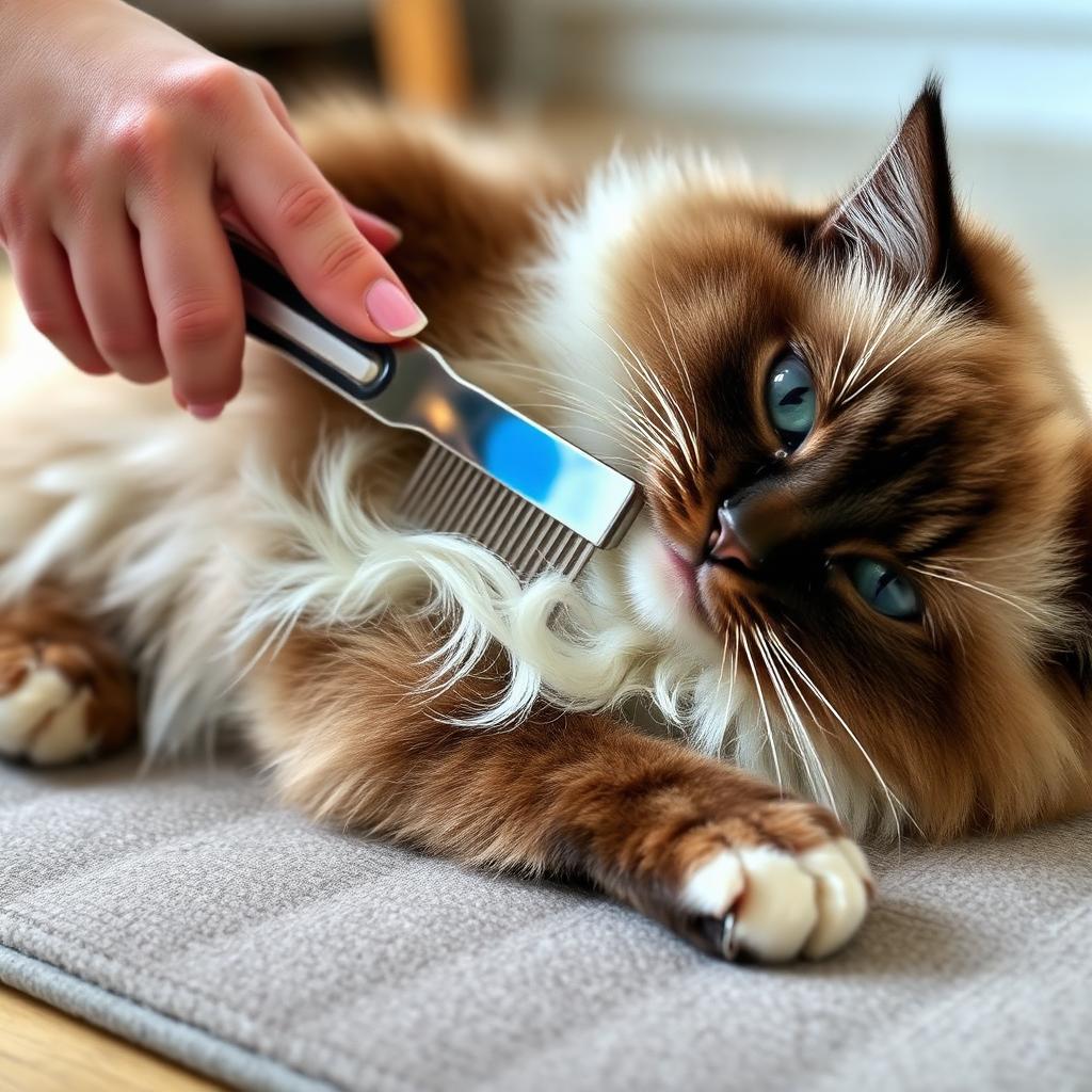 A relaxed seal point Ragdoll cat lying on its side on a soft cushioned mat while a hand carefully combs through the belly fur with a stainless steel greyhound comb