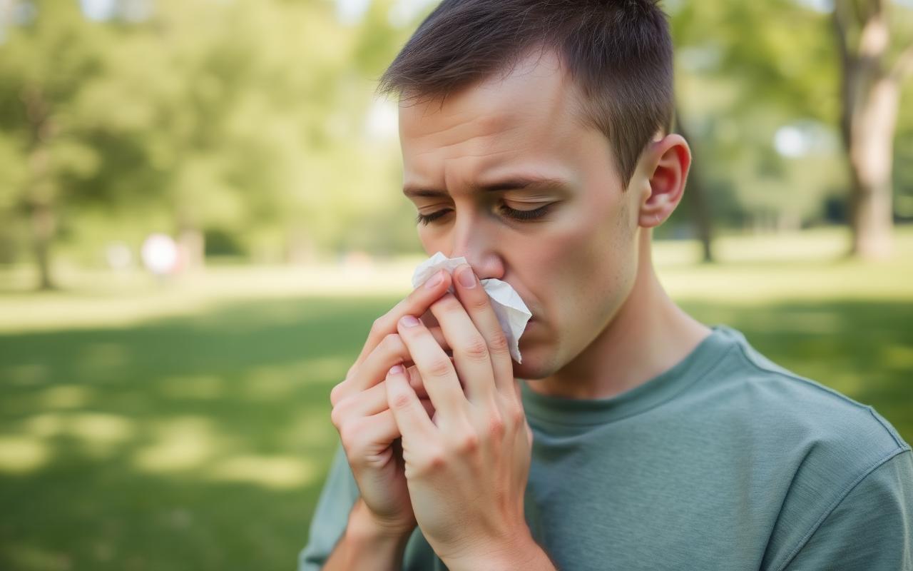 A person outdoors reacting to ragweed pollen during late summer allergy season