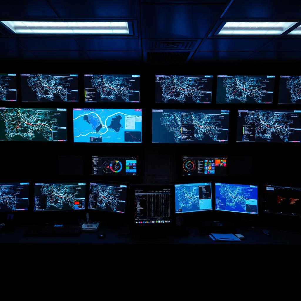 Anthony Loke Delay the LRT3 Shah Alam Line Launch: A dim transit operations control room with multiple wall monitors showing abstract route maps and dashboards.