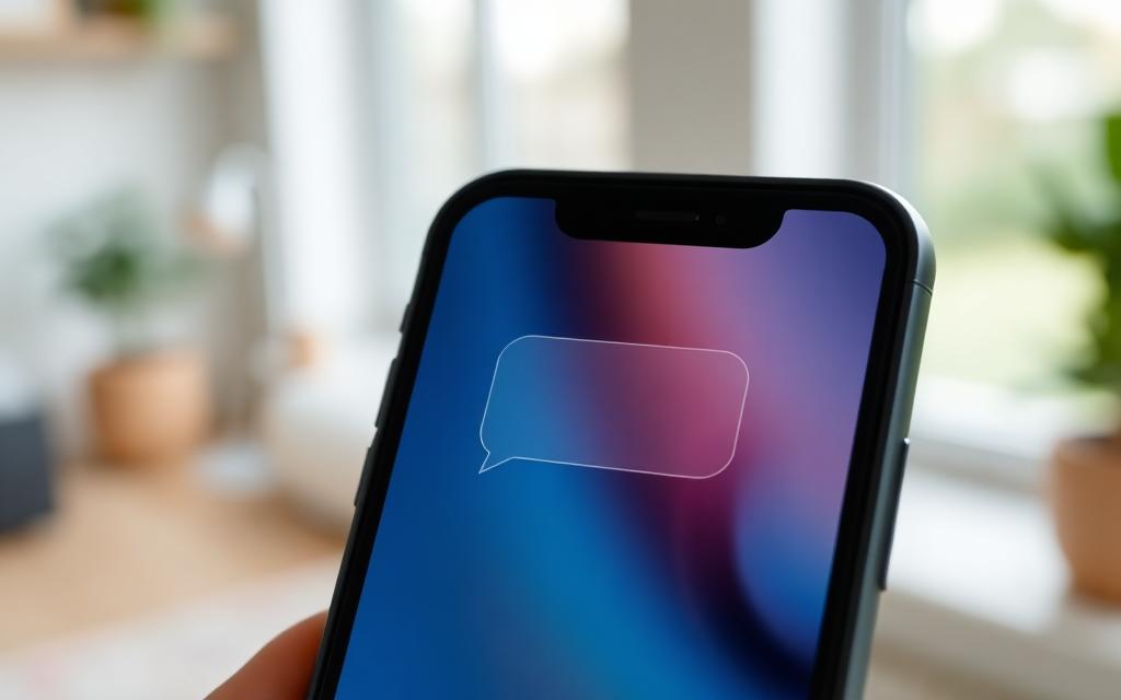 A smartphone screen showing a single soft chat bubble representing a modern RCS message in a sunlit home