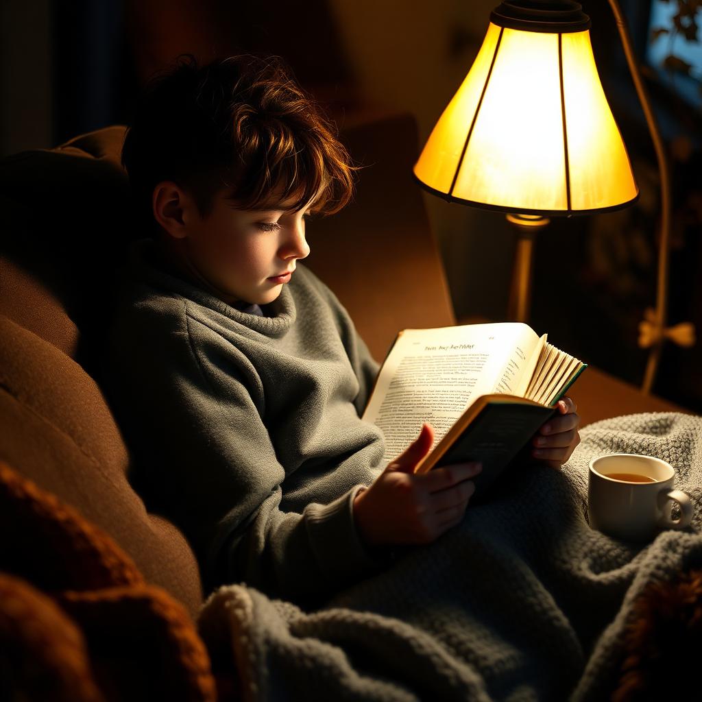 A young reader curled on a sofa reading a hardcover fantasy novel under a warm lamp