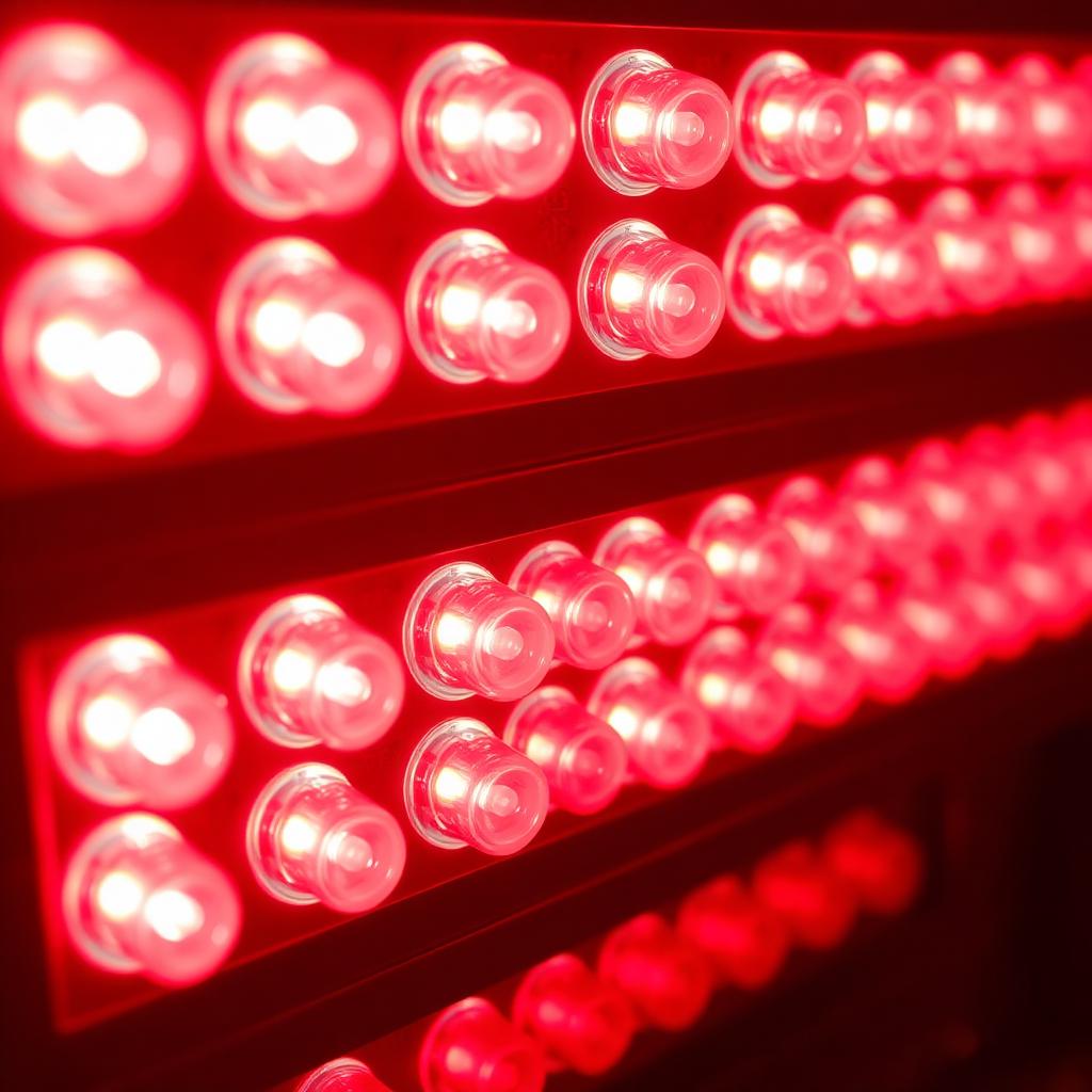 Macro close-up of a red light therapy LED panel showing individual glowing red diodes in a dense grid