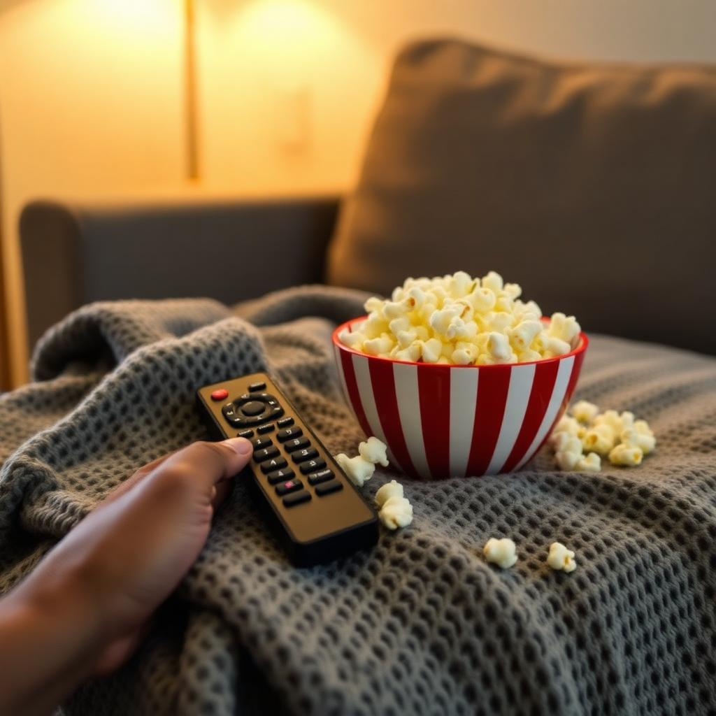 the Top Trending Movies on Netflix: A black television remote and a striped bowl of fresh popcorn on a knit blanket draped over a cozy couch with warm lamp light.