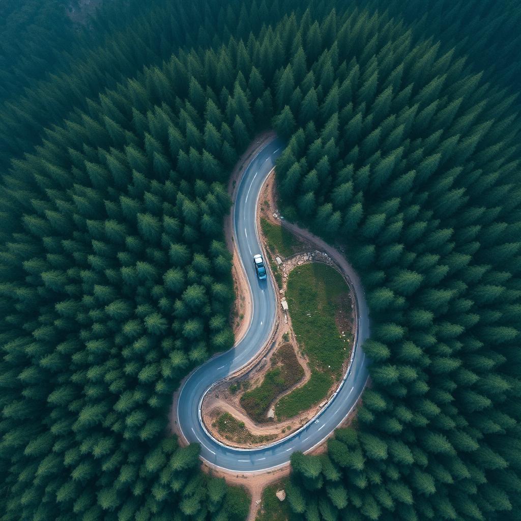 Aerial top down view of a winding mountain road cutting through dense pine forest