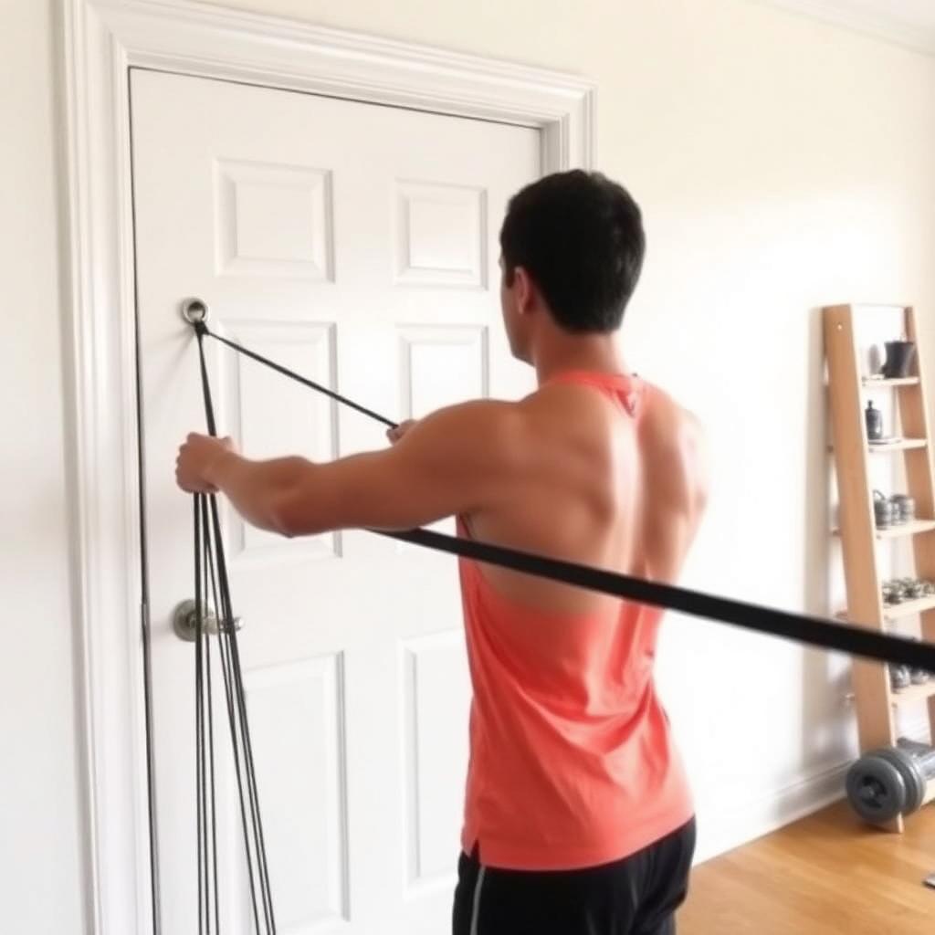 Person performing a resistance band standing row anchored to a white door in a bright home gym, side profile