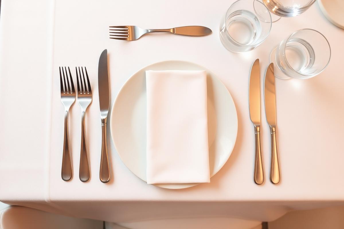 Formal restaurant place setting with folded napkin, multiple forks and knives and water and wine glasses