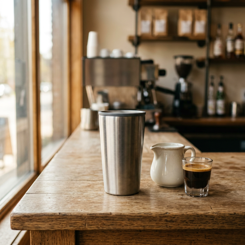 Stainless steel tumbler being filled with iced coffee at a cafe counter, the kind of cup a service member might use for a free Veterans Day pour