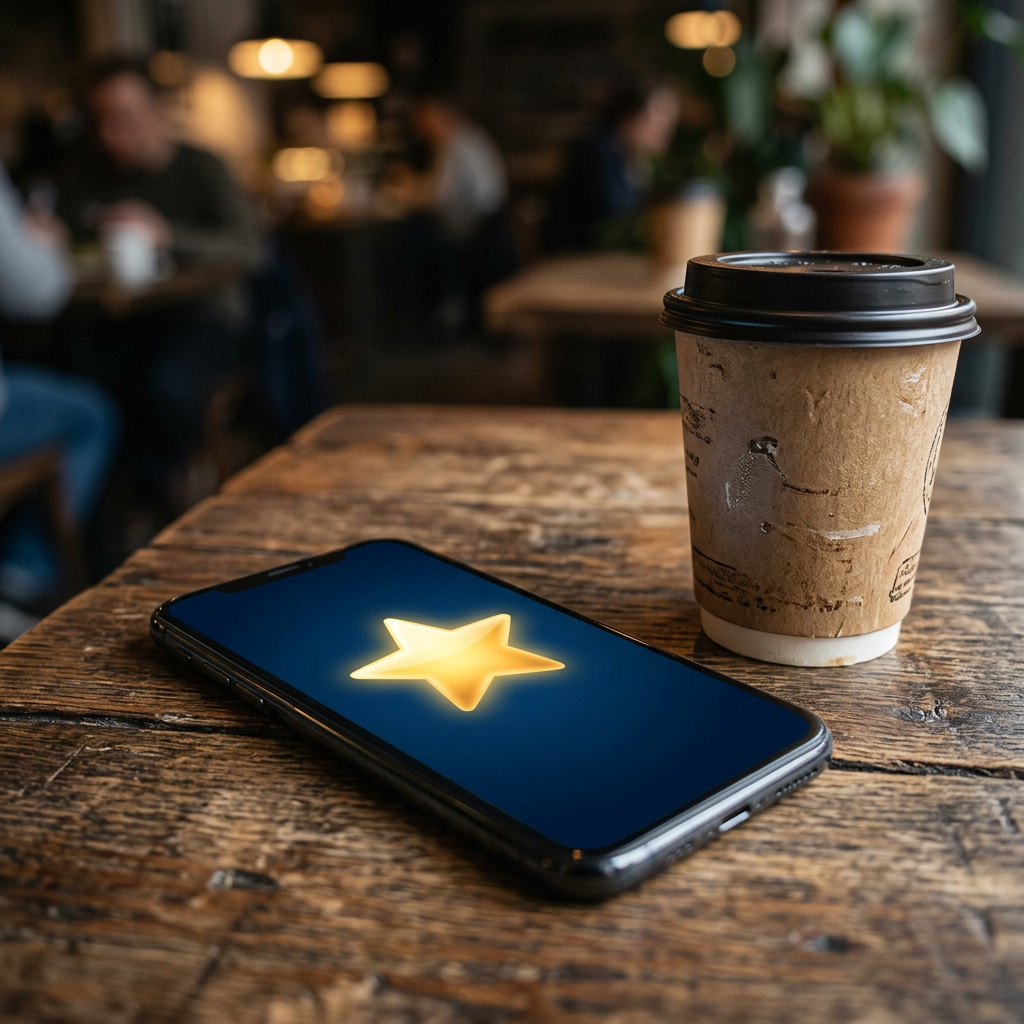 Smartphone on a wooden cafe table displaying a rewards star icon next to a paper coffee cup, useful for student budget hacks