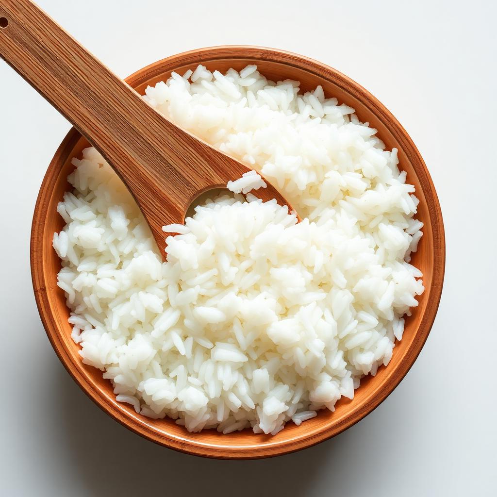 Wooden bowl of fluffy freshly cooked white rice with a bamboo paddle