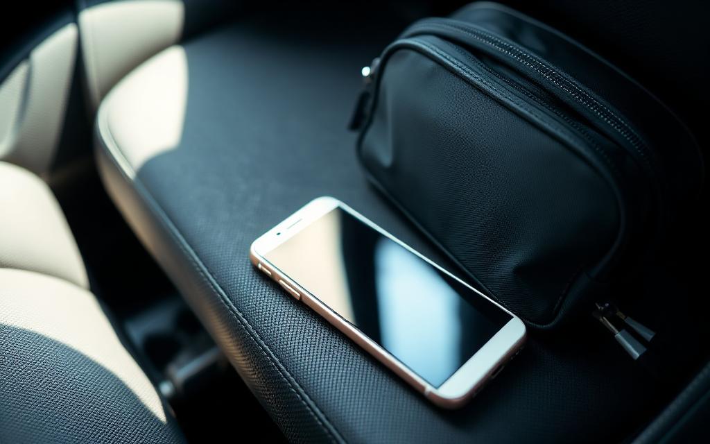 Rideshare passenger phone resting on the back seat of a car beside a travel bag after a trip