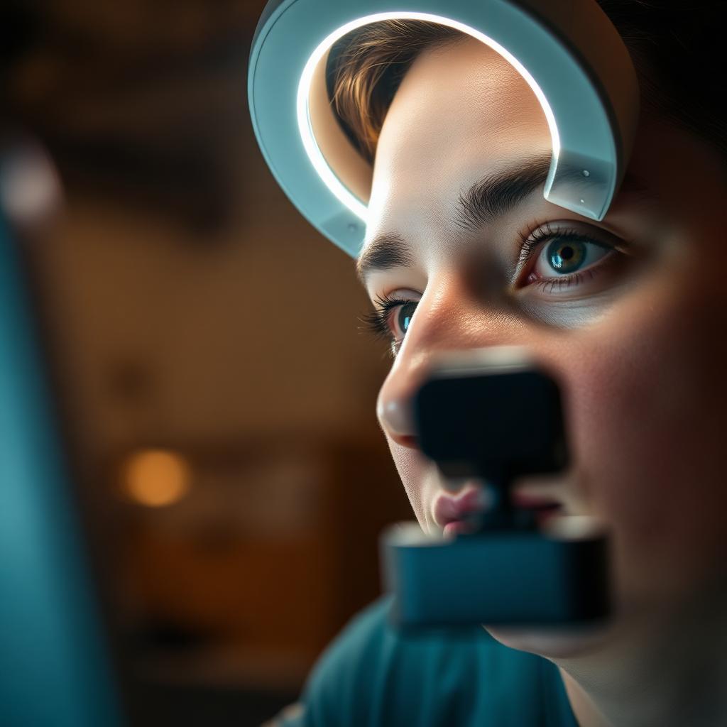 Close up of a person on a video call with soft ring light illumination and a clear catchlight in their eye