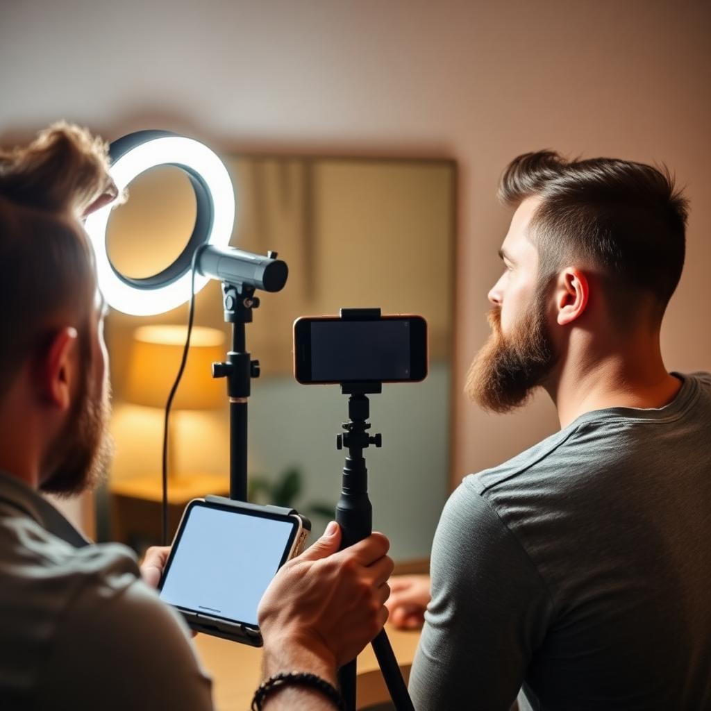 A ring light on a tripod illuminating a bearded man setting up to film a grooming tutorial with a phone mounted in the center