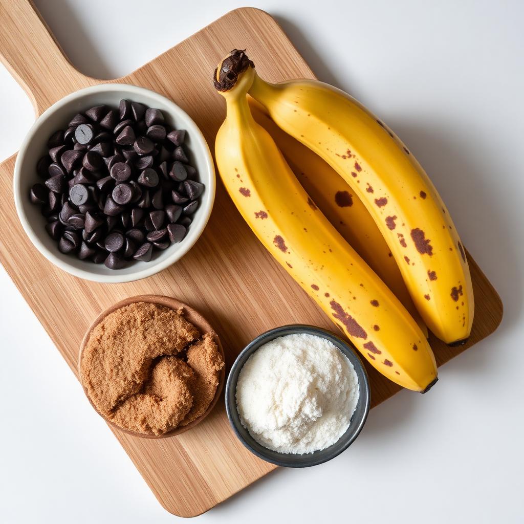 Overripe spotted bananas next to a bowl of dark chocolate chips and brown sugar