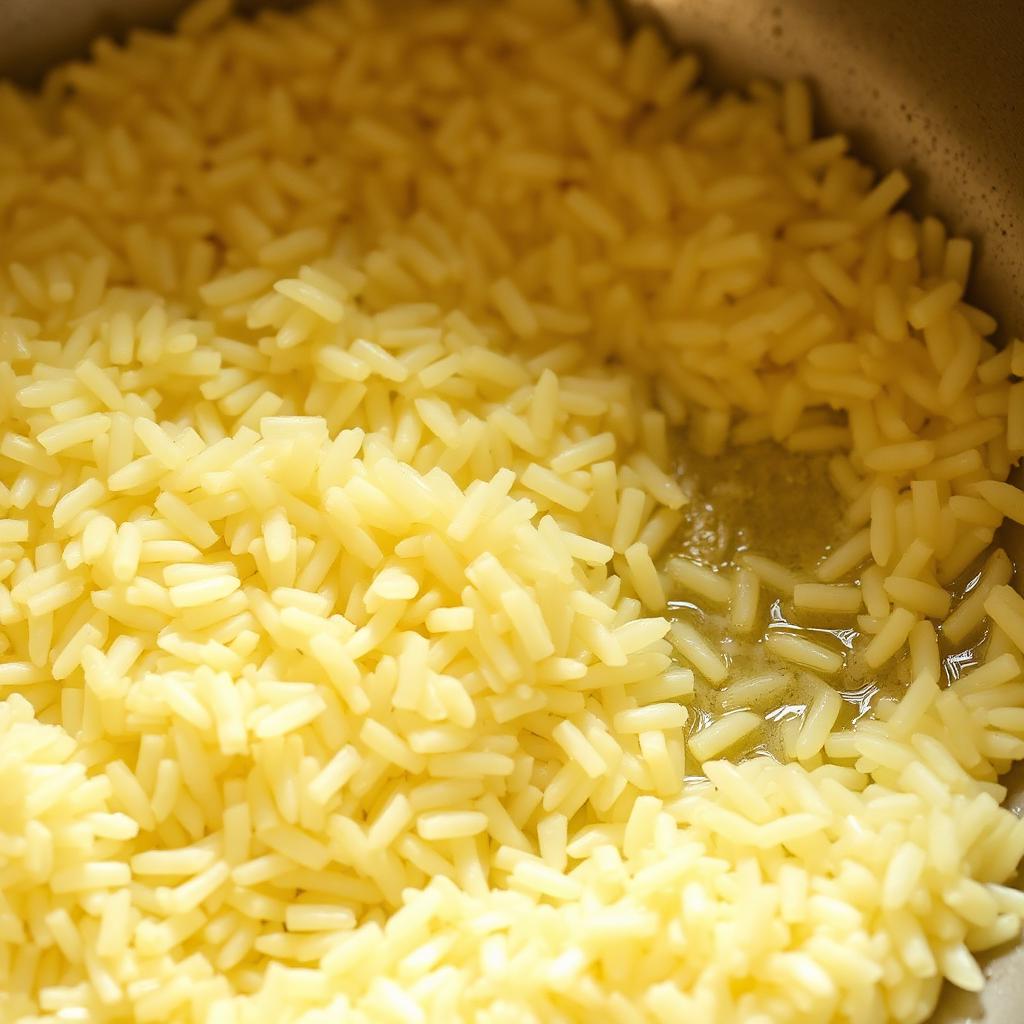 Close-up of Arborio rice grains being toasted in butter in a pan